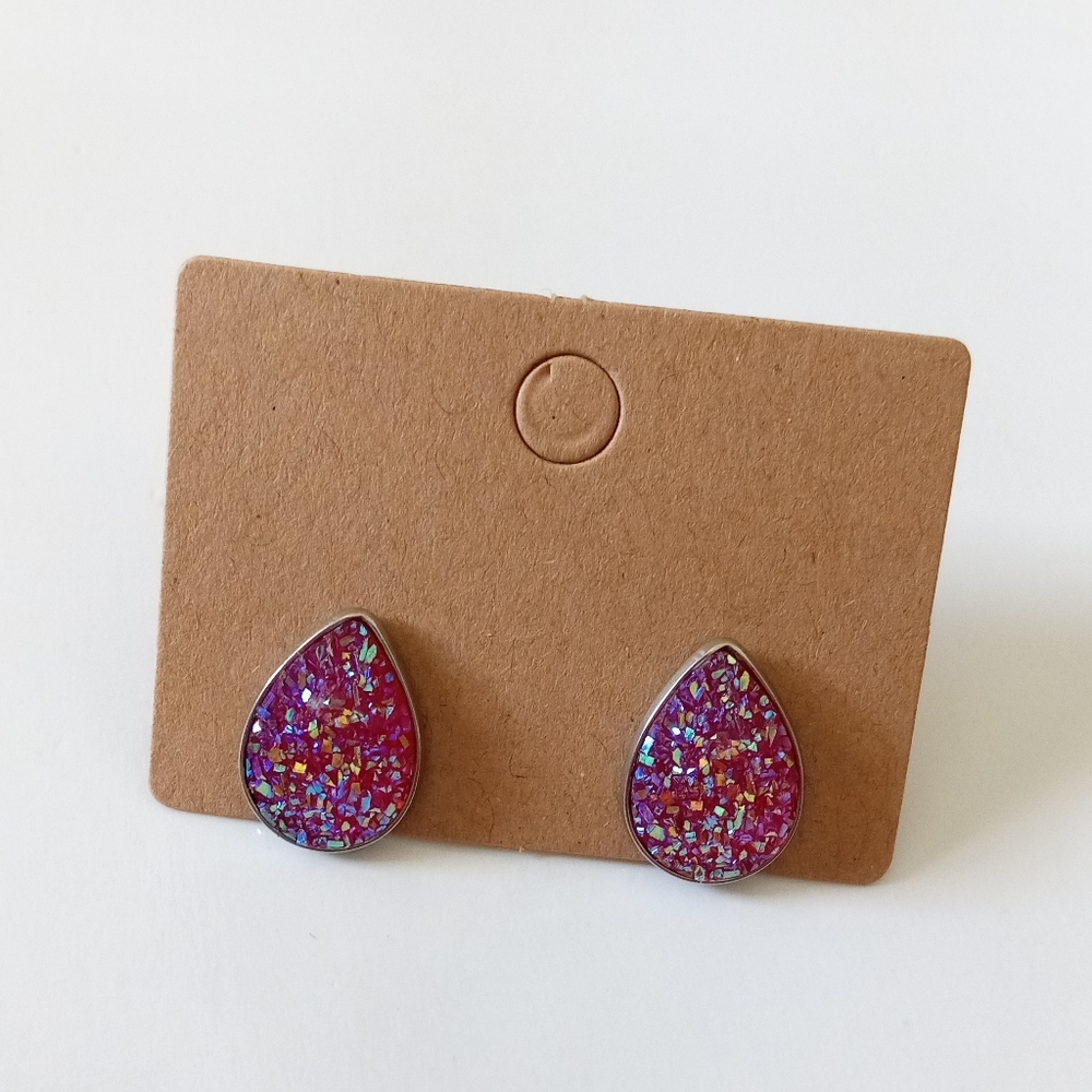 Fashion Jewelry Dark Pink Druzy Teardrop Stud Earrings